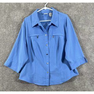 Covington Top Womens 2X=20-22W Blue Button-Up 3/4 Sleeve Zip Pockets Blouse